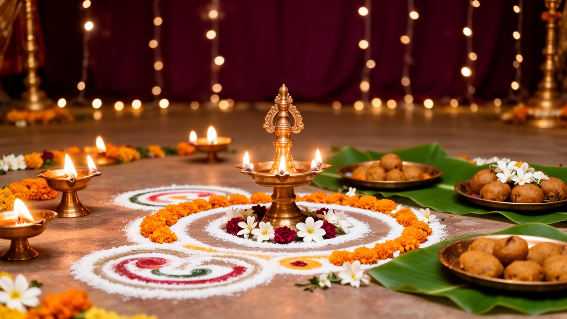 Traditional Tamil oil lamps, kolam and festive decorations